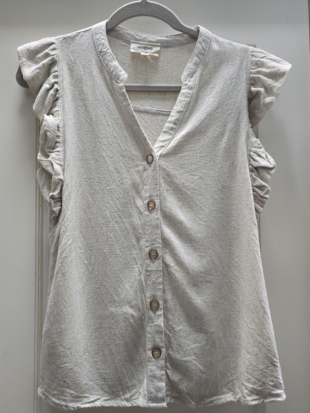 Umgee Linen Cream Button-Front Ruffle Sleeve Top